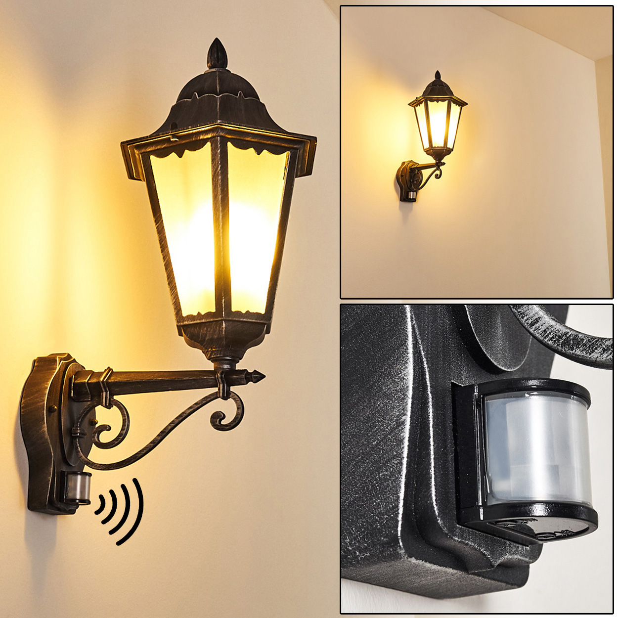 Eine wandmontierte Außenlampe mit Sensor. Die Lampe ist schwarz mit Glaseinfassung und strahlt warmes Licht aus.