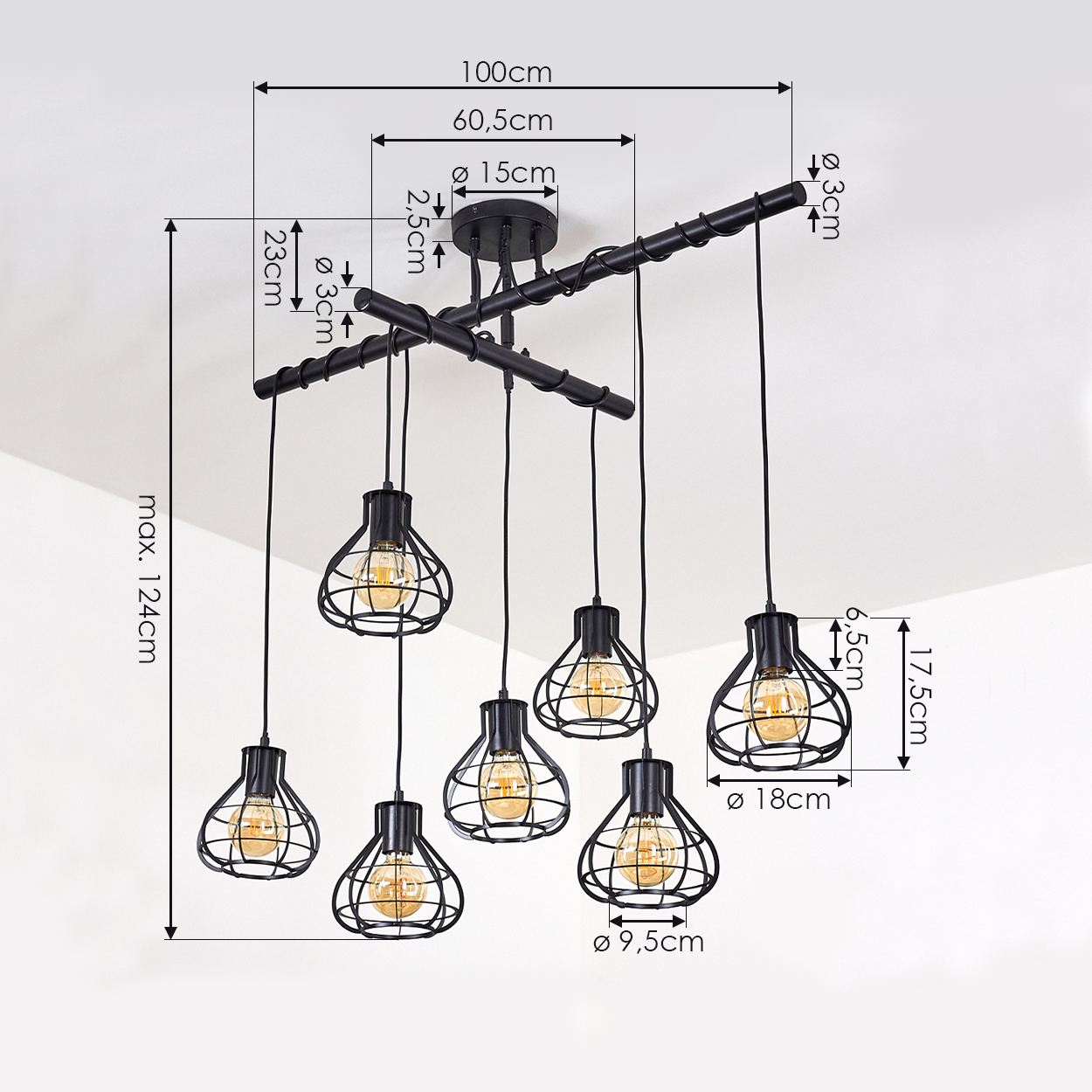 Schwarze Deckenlampe im Industriestil mit sechs Hängelampen und Käfigbirnen. Abmessungen sind angegeben.