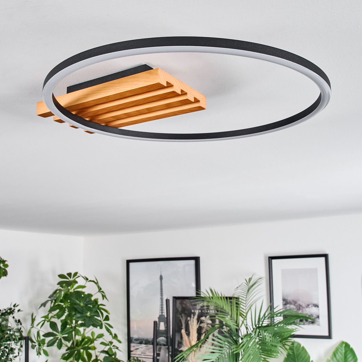 Eine moderne Deckenleuchte mit Holzakzent und schwarzem und silbernem Ring. Pflanzen und Bilderrahmen im Hintergrund.