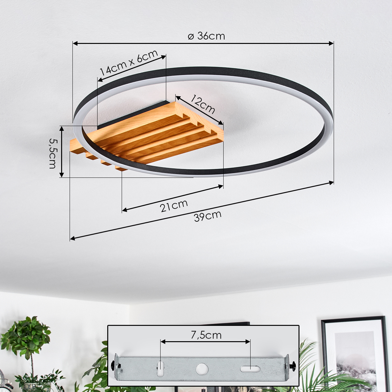Eine kreisförmige Deckenlampe mit Holzsockel und Maßangaben in cm. Am unteren Bildrand ist eine Metallhalterung zu sehen.