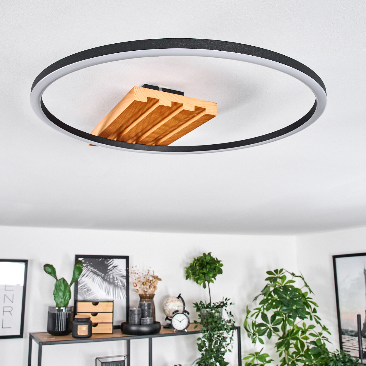 Eine moderne Deckenleuchte mit schwarzem und silbernem Ring, Holzelement und Regal mit Pflanzen und Deko darunter.