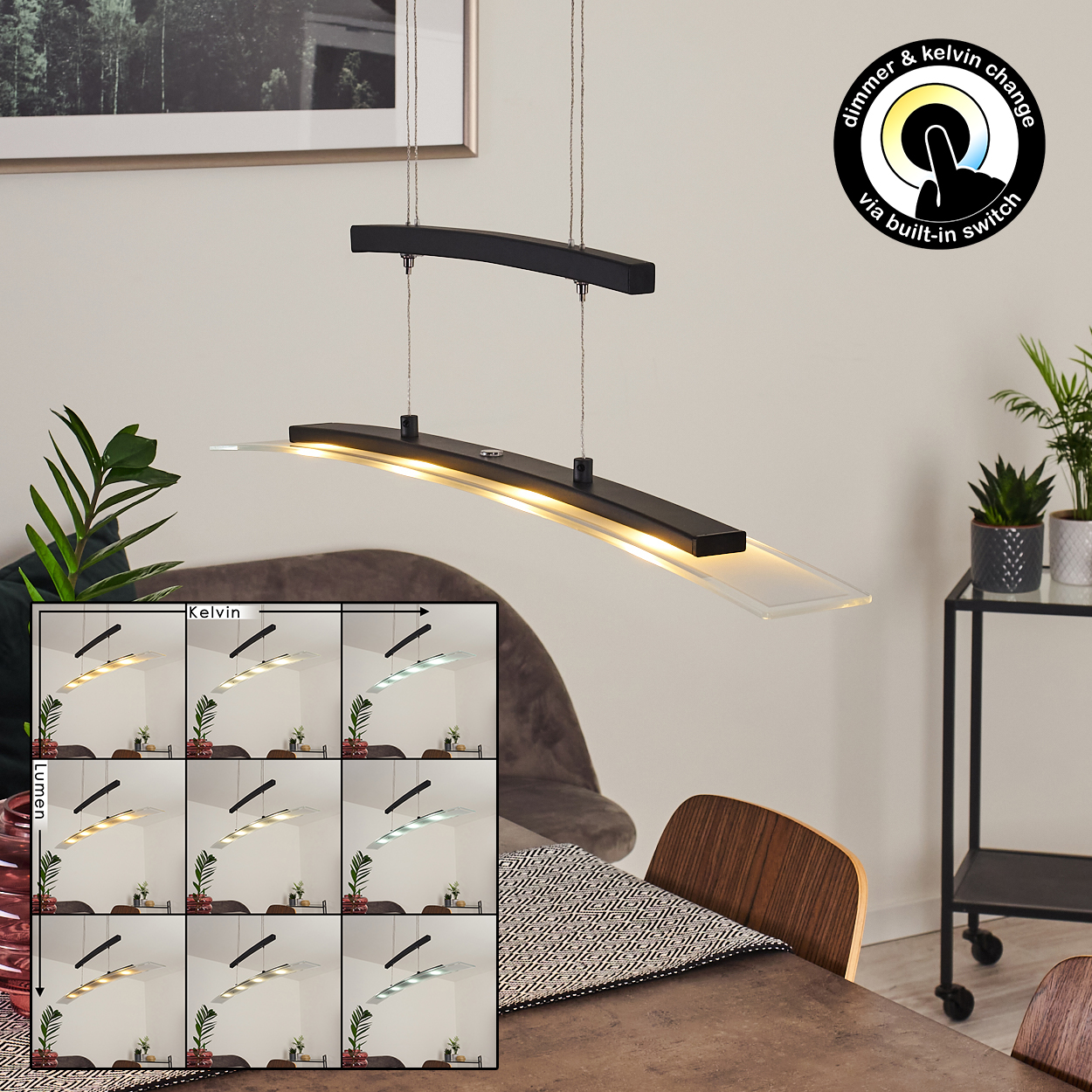Eine moderne schwarze und gläserne Pendelleuchte. Sie verfügt über einen Dimmer und eine Kelvin-Änderung über einen eingebauten Schalter. Zusätzliche Pflanzen sind vorhanden.