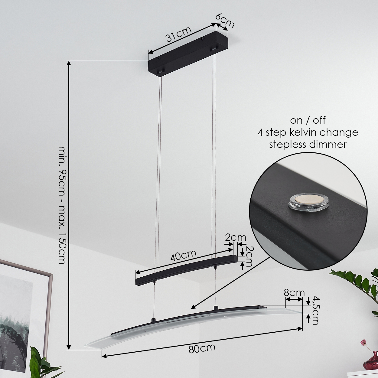 Schwarze moderne Pendelleuchte mit Maßangaben. Enthält Ein/Aus- und Dimmfunktionen. Weiße Decke und eine dekorative Pflanze.