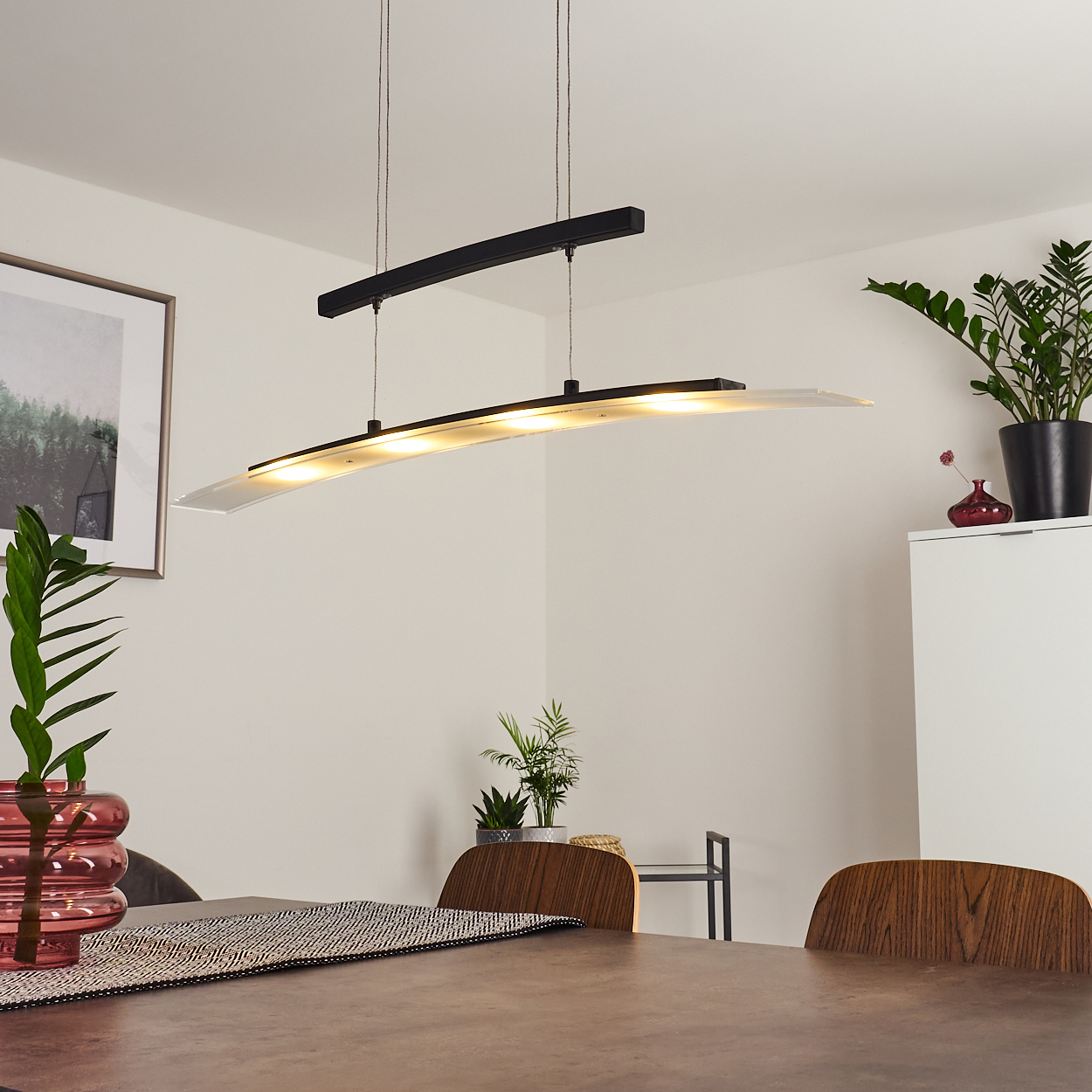 Ein Esszimmer mit einer modernen Leuchte. Ein Tisch, Stühle, Pflanzen und ein Schrank befinden sich im Raum. Das Licht ist schwarz und weiß.
