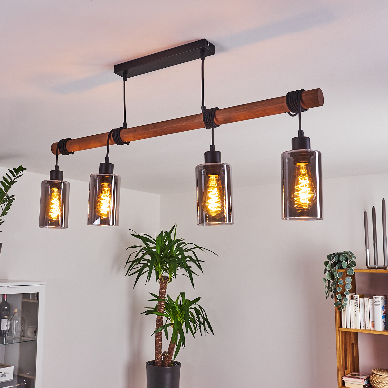 Ein Holzbalken mit vier Hängelampen. Jede Lampe hat einen Glasschirm und eine glühende Glühbirne. Pflanzen und Regale sind im Hintergrund.