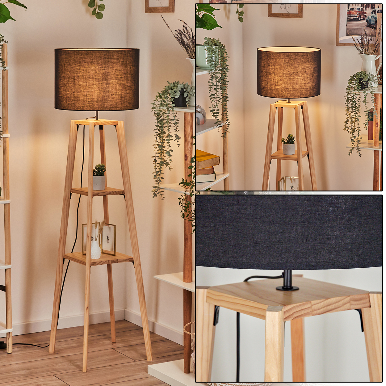Eine hölzerne Lampe mit schwarzem Lampenschirm steht neben einem weißen Regal mit Pflanzen und Dekorationen. Der Boden ist aus Holz.