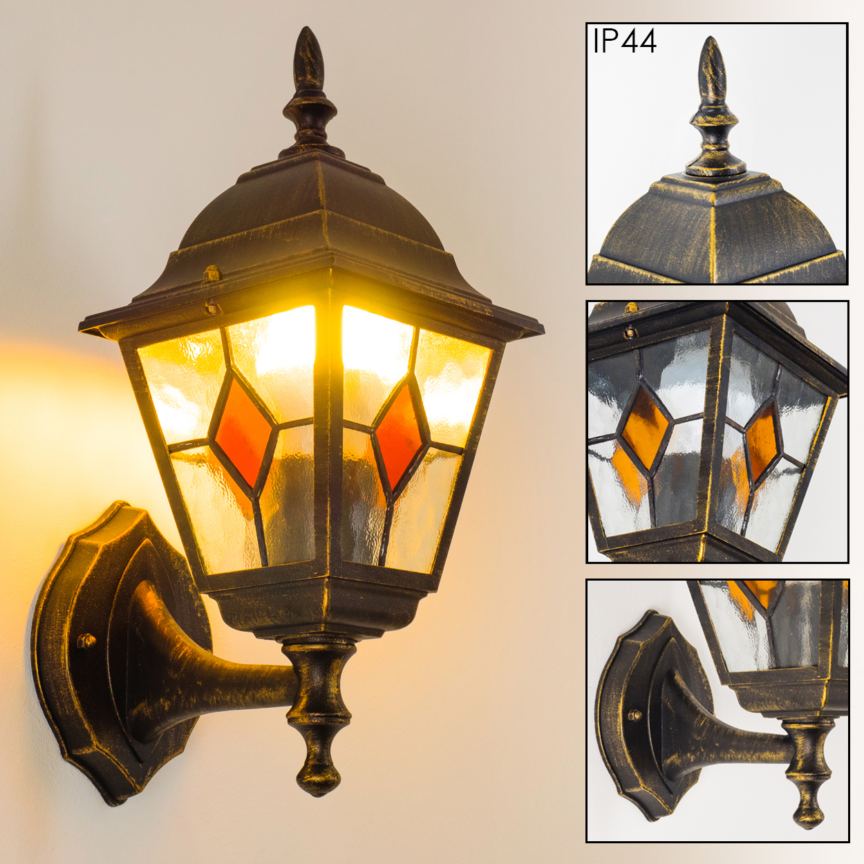 Eine an der Wand montierte Außenlampe. Sie hat eine schwarz-goldene Farbe mit Glasscheiben. Das Licht ist an und es gibt drei Nahaufnahmen.