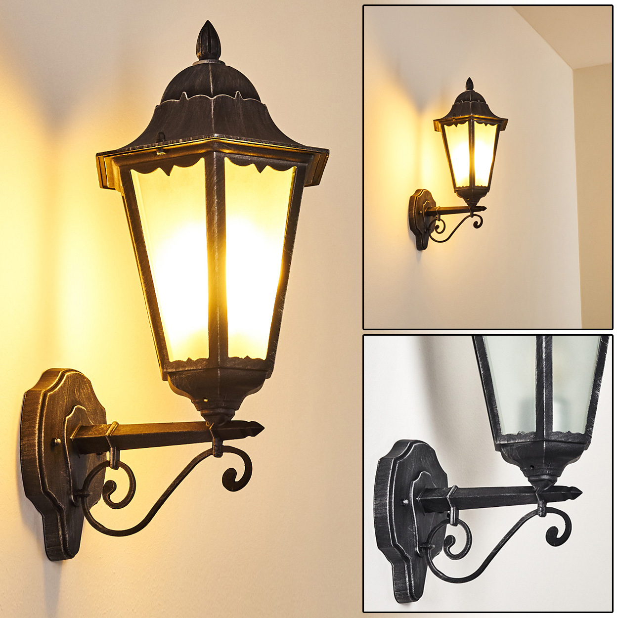 Eine an der Wand montierte Außenlampe mit schwarzem Rahmen und Glasscheiben. Sie ist beleuchtet und wirft einen warmen Schein. Der Hintergrund ist eine beige Wand.