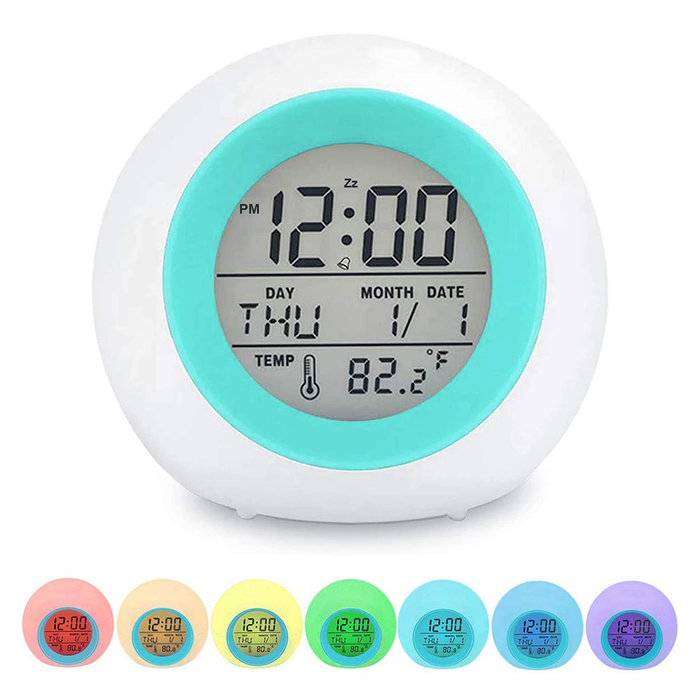 Weiß-türkisfarbener digitaler Wecker mit Anzeige 12:00, Donnerstag, 1. Januar, 82,2 Grad. Mehrere Farboptionen unten.
