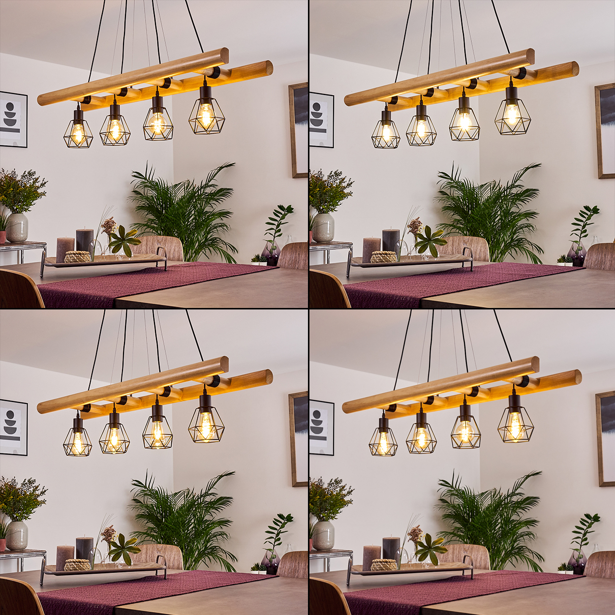 Ein Esszimmer mit einer Holzbalken-Kronleuchter mit vier Lampen. Tisch mit rotem Läufer gedeckt. Pflanzen und gerahmte Kunst an der Wand.