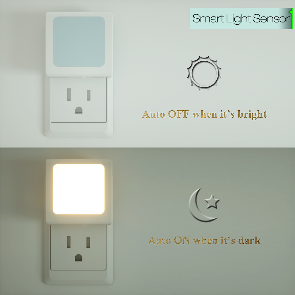 Ein intelligenter Lichtsensor zeigt den Ein- und Aus-Zustand. Oben: aus, mit Sonnensymbol. Unten: an, mit Mond/Stern-Symbol. Text zeigt automatische Funktion.