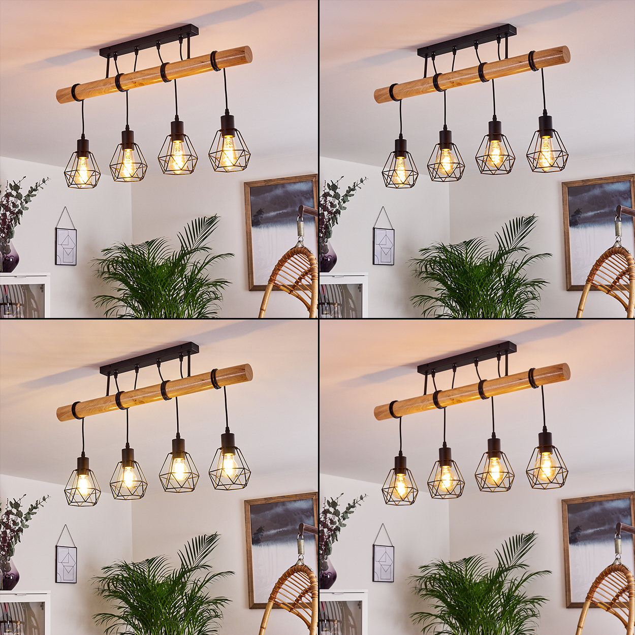 Vierflammige Pendelleuchte mit geometrischen Schirmen. Die Lampe hängt in einem Raum mit Pflanzen, Kunstwerken und einem Korbstuhl.