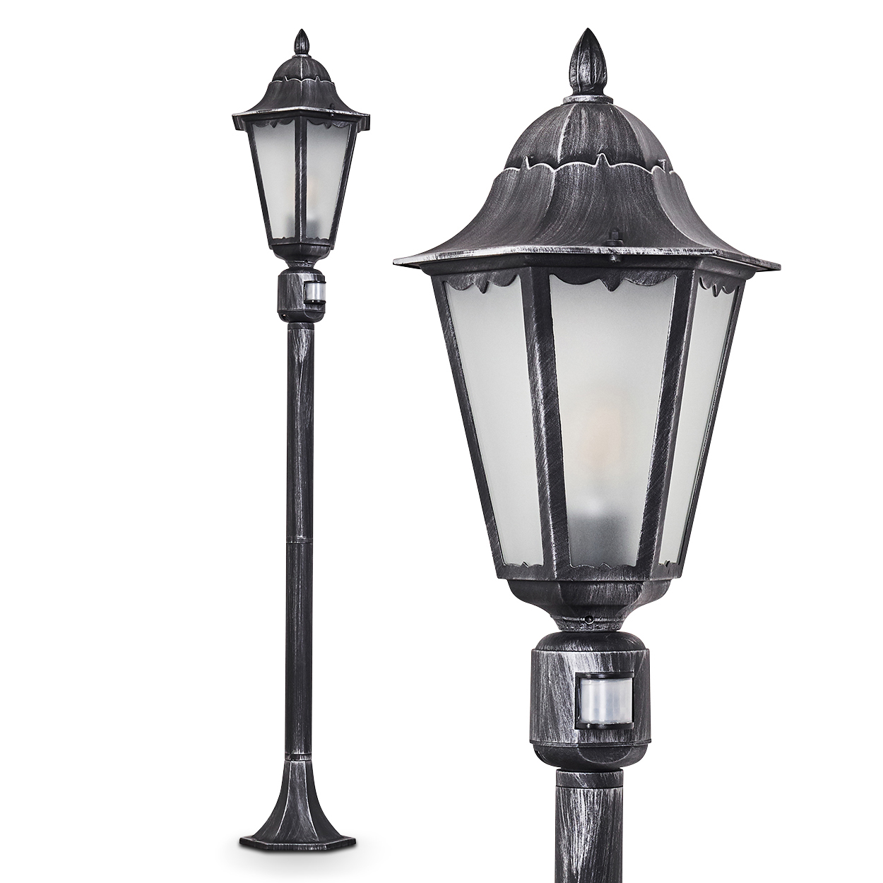 Zwei detaillierte Ansichten einer silbernen Außenlaterne. Eine Gesamtansicht und eine Nahaufnahme. Die Lampe hat ein Milchglas und einen Bewegungssensor.