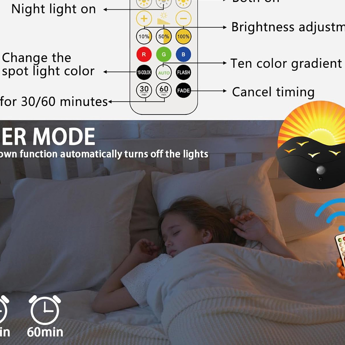 Ein Mädchen schläft im Bett. Eine Fernbedienung mit Knöpfen und Text ist sichtbar, die die Lichter steuert. Der Hintergrund hat ein Sonnenaufgangsbild.