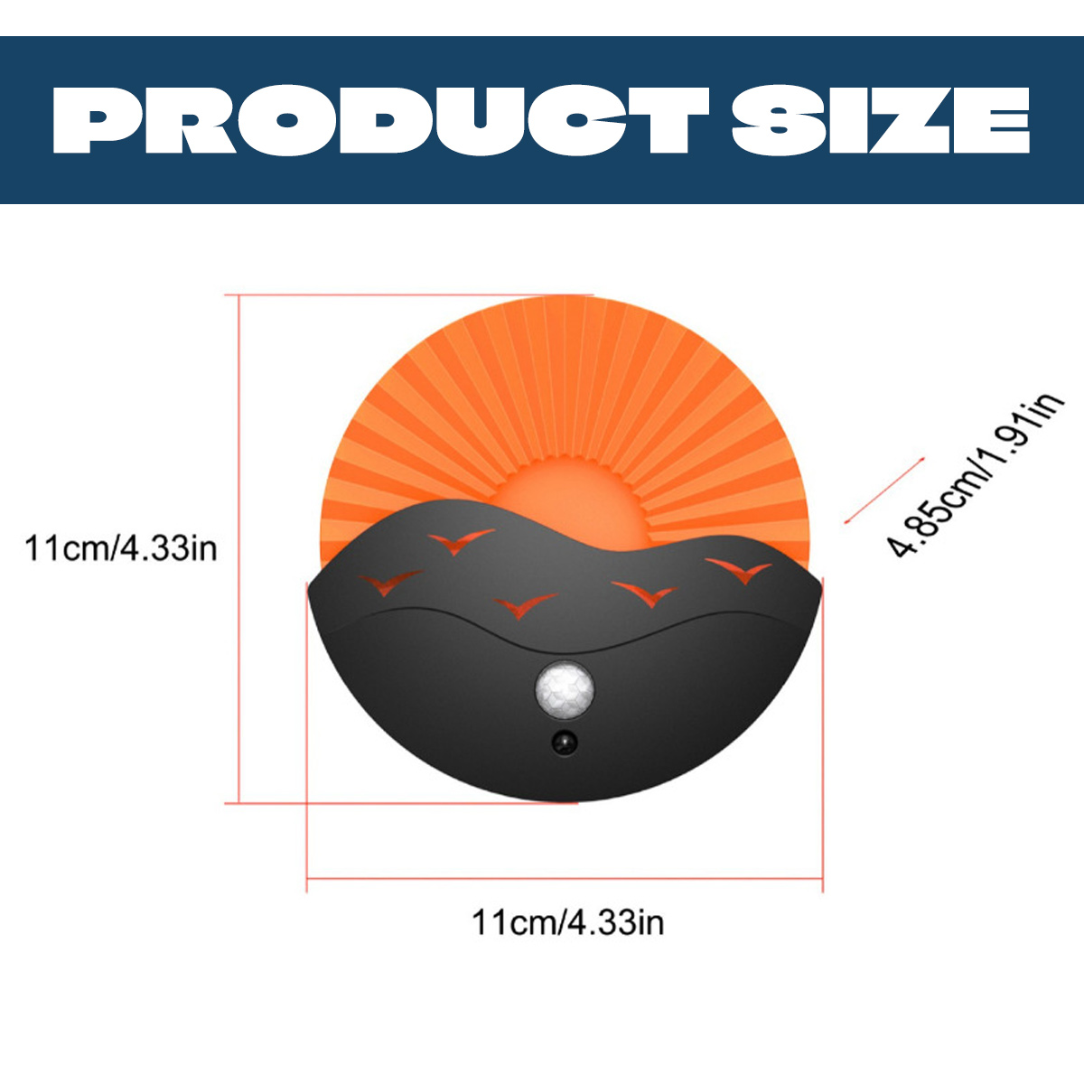 Diagramm mit einem schwarzen und orangefarbenen Sensor mit Abmessungen. Produktgröße Text ist oben.