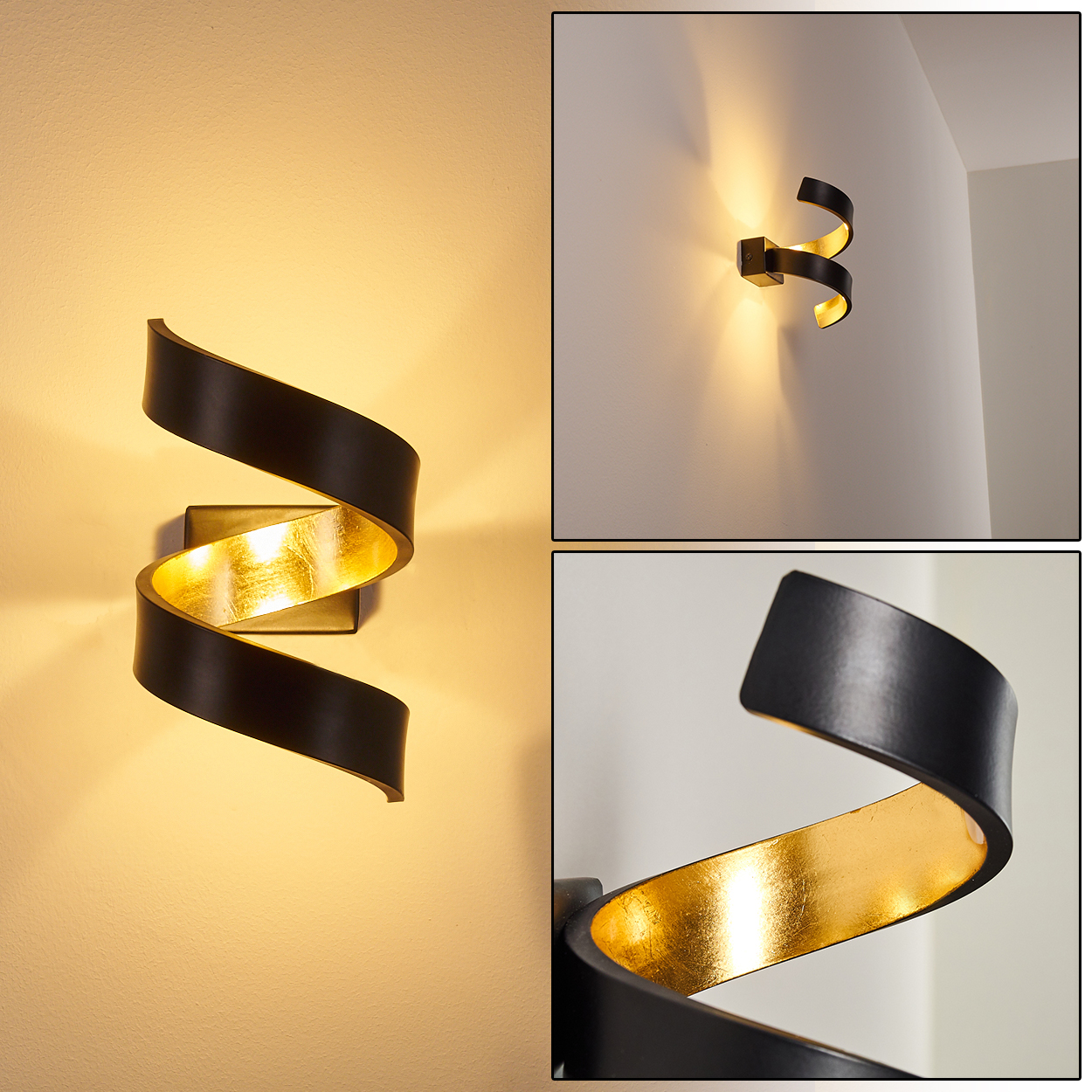 Eine schwarz-goldene Wandleuchte. Das Design hat eine Spiralform mit goldenem Innenraum und schwarzem Äußeren, an einer Wand montiert.