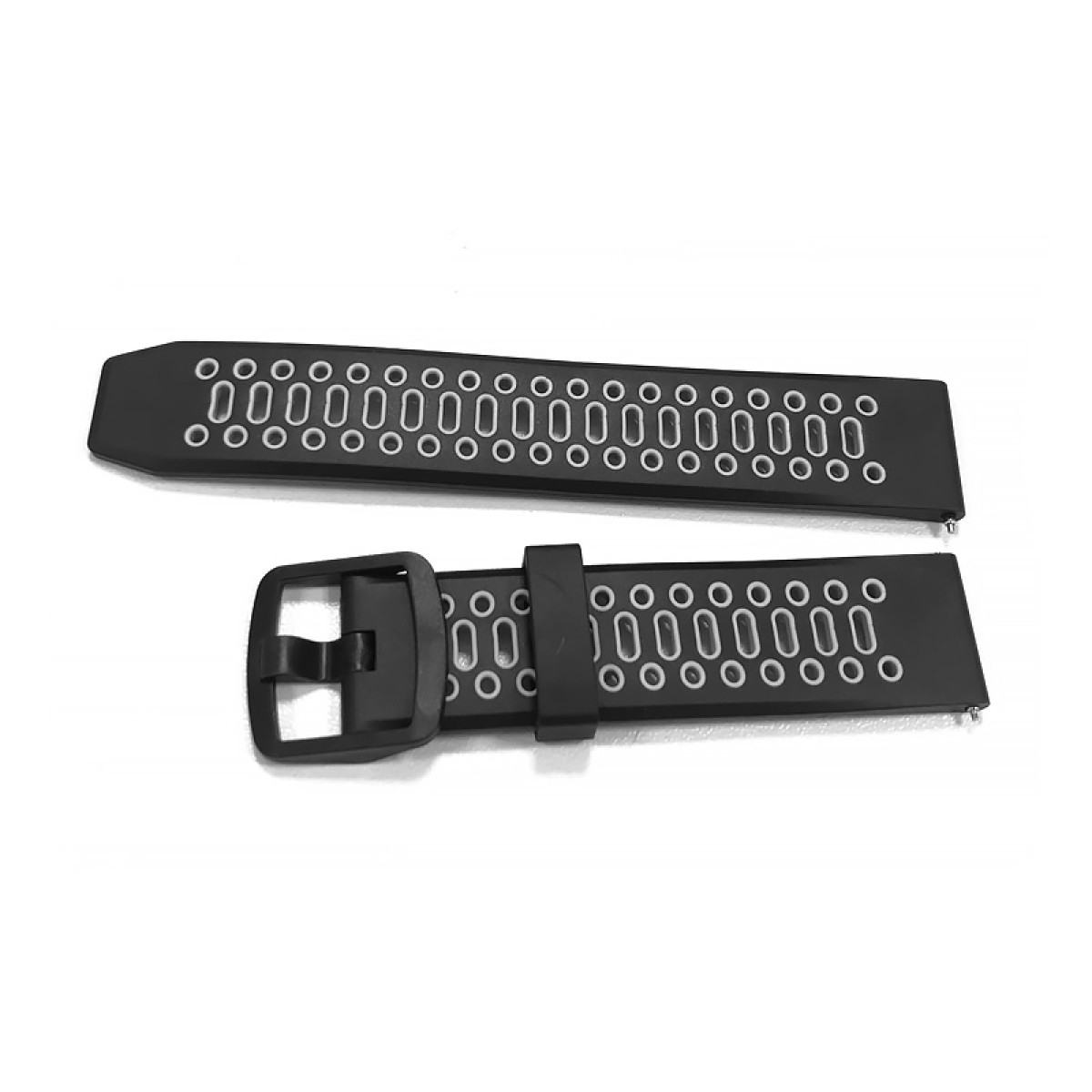 Dwa czarne paski do zegarka z białymi okręgami, jeden z zapięciem. Odizolowane na białym tle.