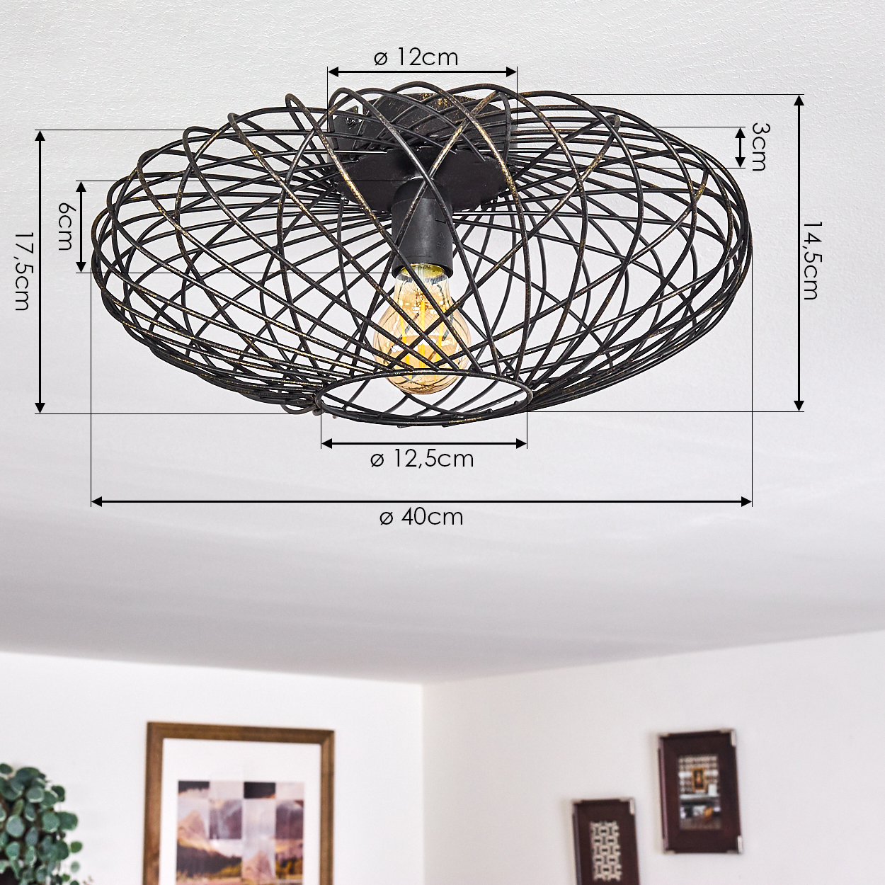 Schwarze Deckenlampe mit Drahtrahmen und Glühbirne. Abmessungen sind beschriftet. Die Lampe ist an einer weißen Decke befestigt. Rahmen sind im Hintergrund.