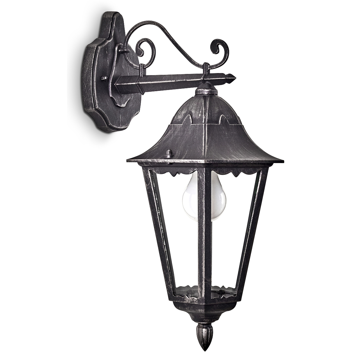 Eine dunkelgraue Außenlampe mit Glühbirne. Sie ist an einer weißen Wand befestigt.
