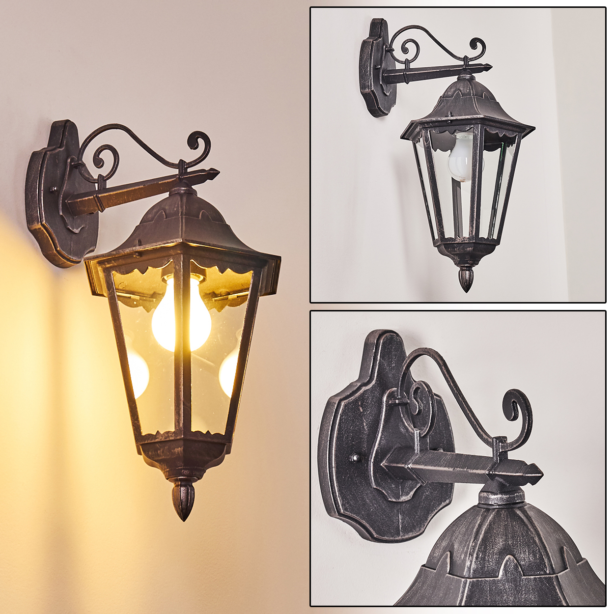 Drei Bilder zeigen eine antike Wandlampe. Die Lampe ist schwarz mit Glasschirm. Eine Lampe leuchtet. Sie sind an einer weißen Wand montiert.