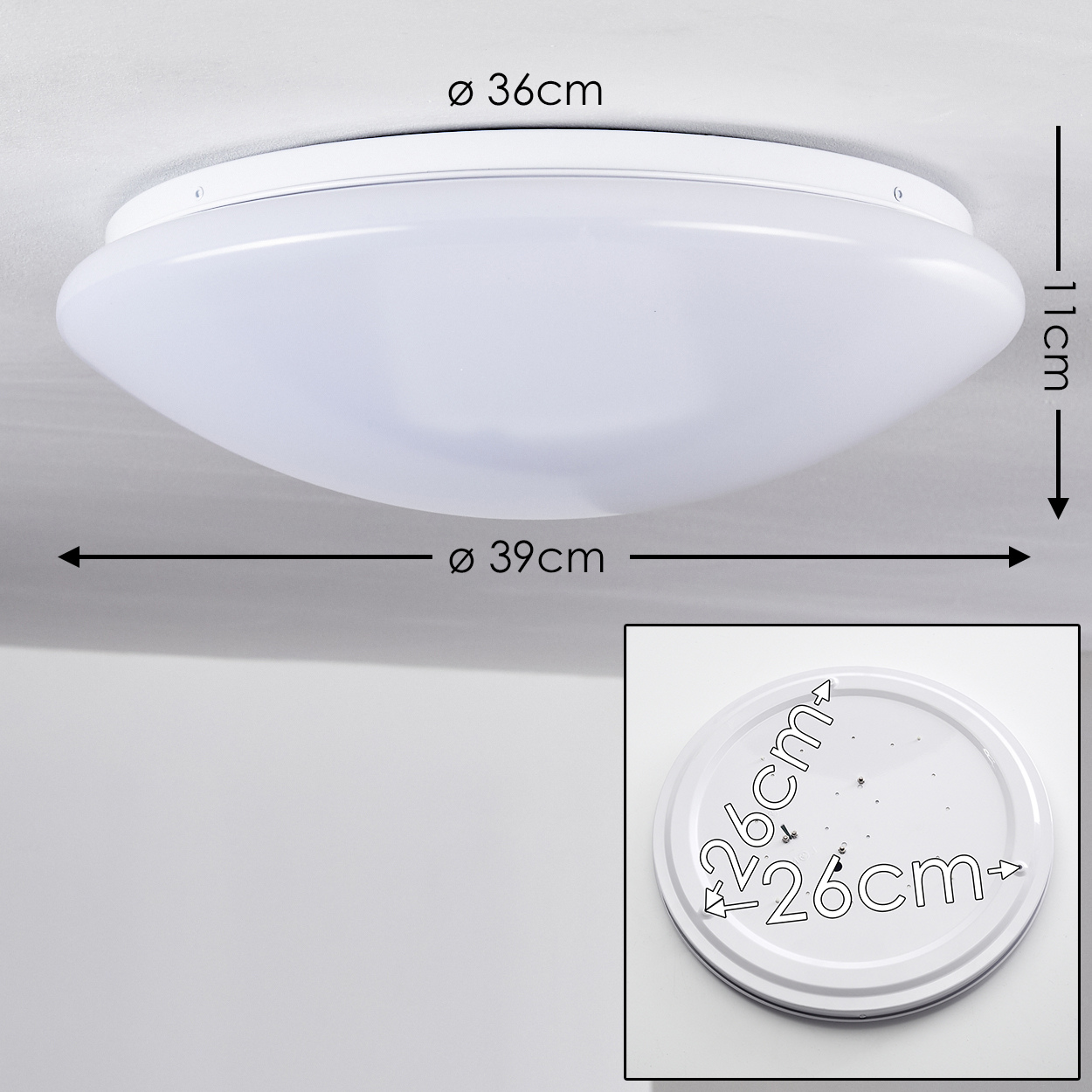 Eine weiße, ovale Deckenleuchte mit Maßangaben. Sie hat eine abgerundete, satinierte Abdeckung und eine kleinere, eingesetzte Basis.