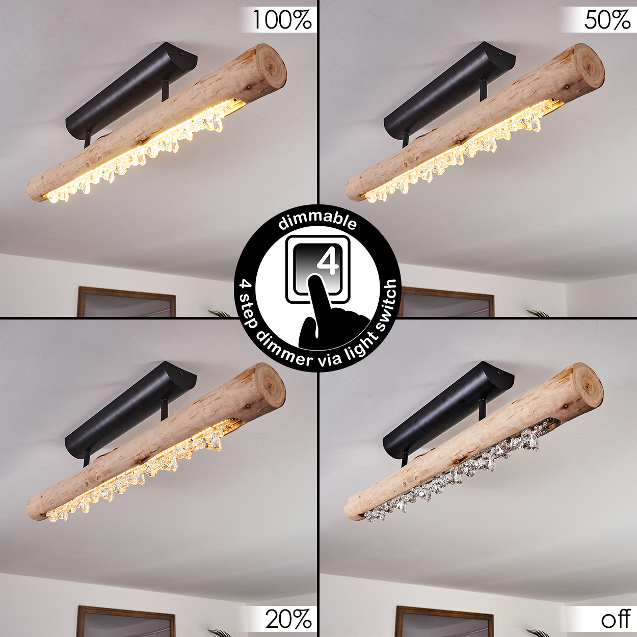 Moderne Deckenlampe mit Holzbalken, Kristalllichtern und schwarzem Halter. Mit Dimmoptionen (100 %, 50 %, 20 %, aus).