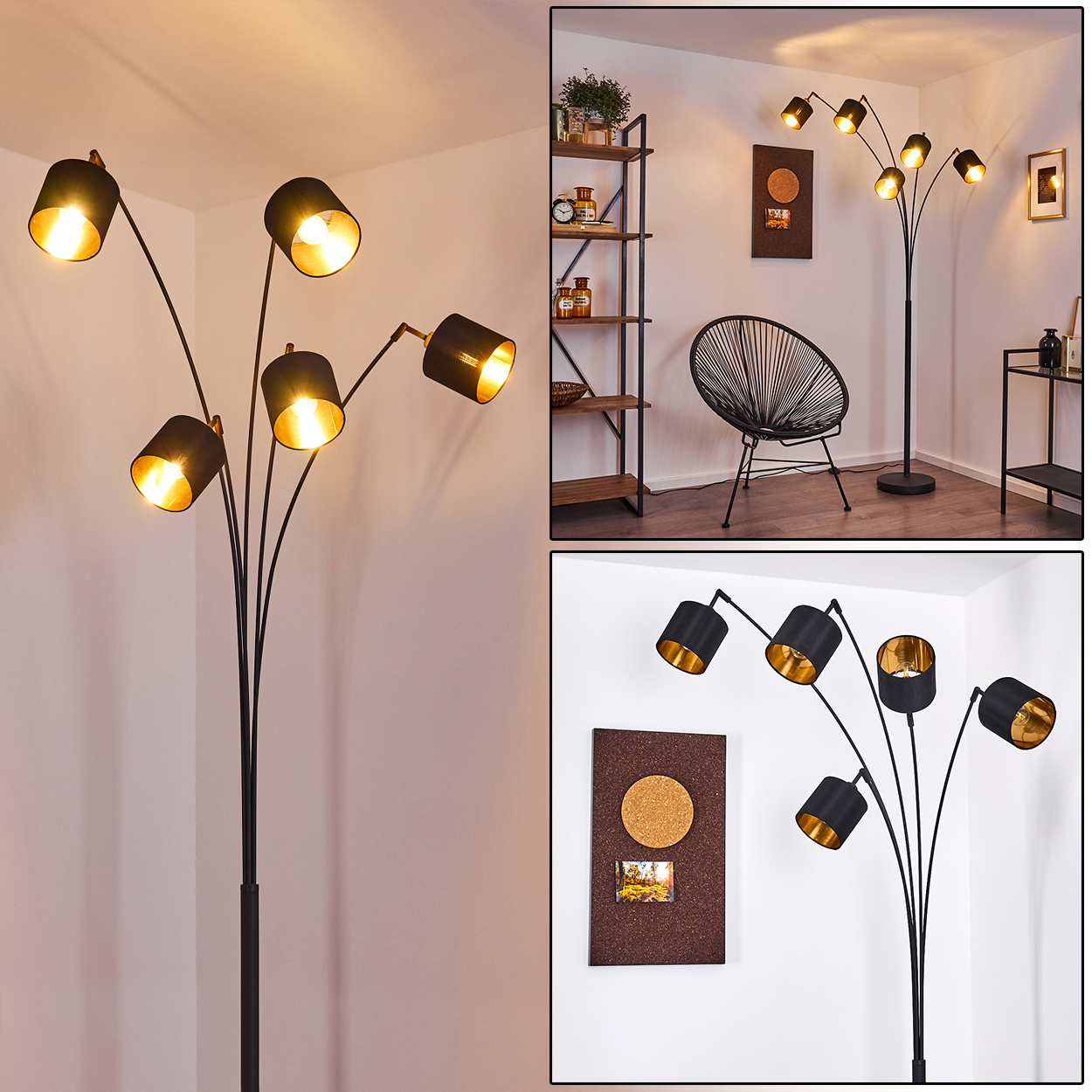 Eine schwarze Stehlampe mit fünf Lichtern, jedes mit goldener Innenseite. Der Raum umfasst einen Stuhl, Regale und eine Wanddekoration.