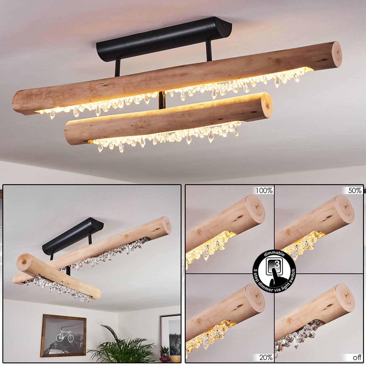 Eine Deckenlampe aus Holz mit Kristalldekorationen. Sie hat einen schwarzen Sockel und ist in 3 Stufen dimmbar.