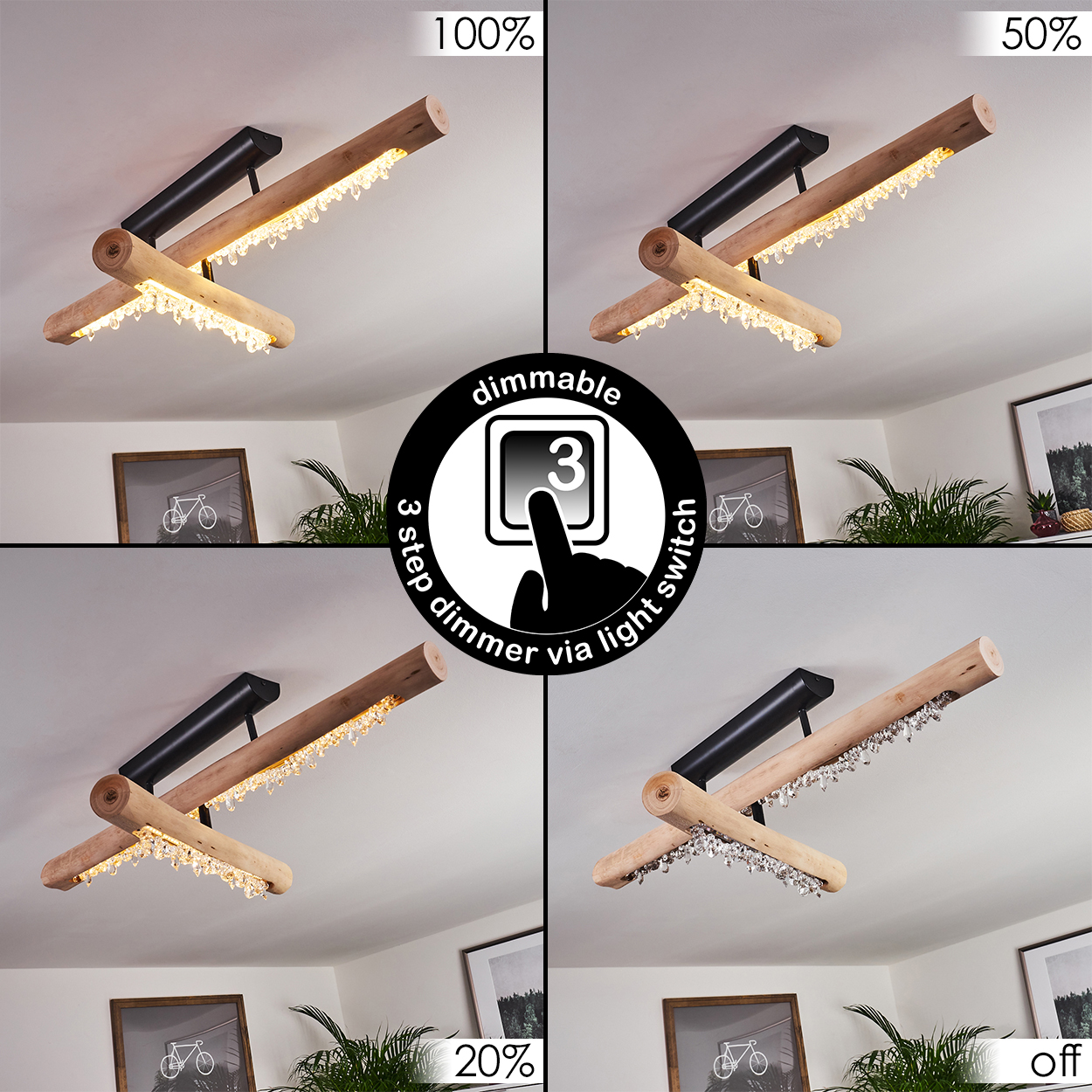 Eine Deckenleuchte mit Holzbalken und Kristallen. Das Bild zeigt das Licht bei verschiedenen Dimmstufen, beschriftet mit 100%, 50%, 20% und aus.