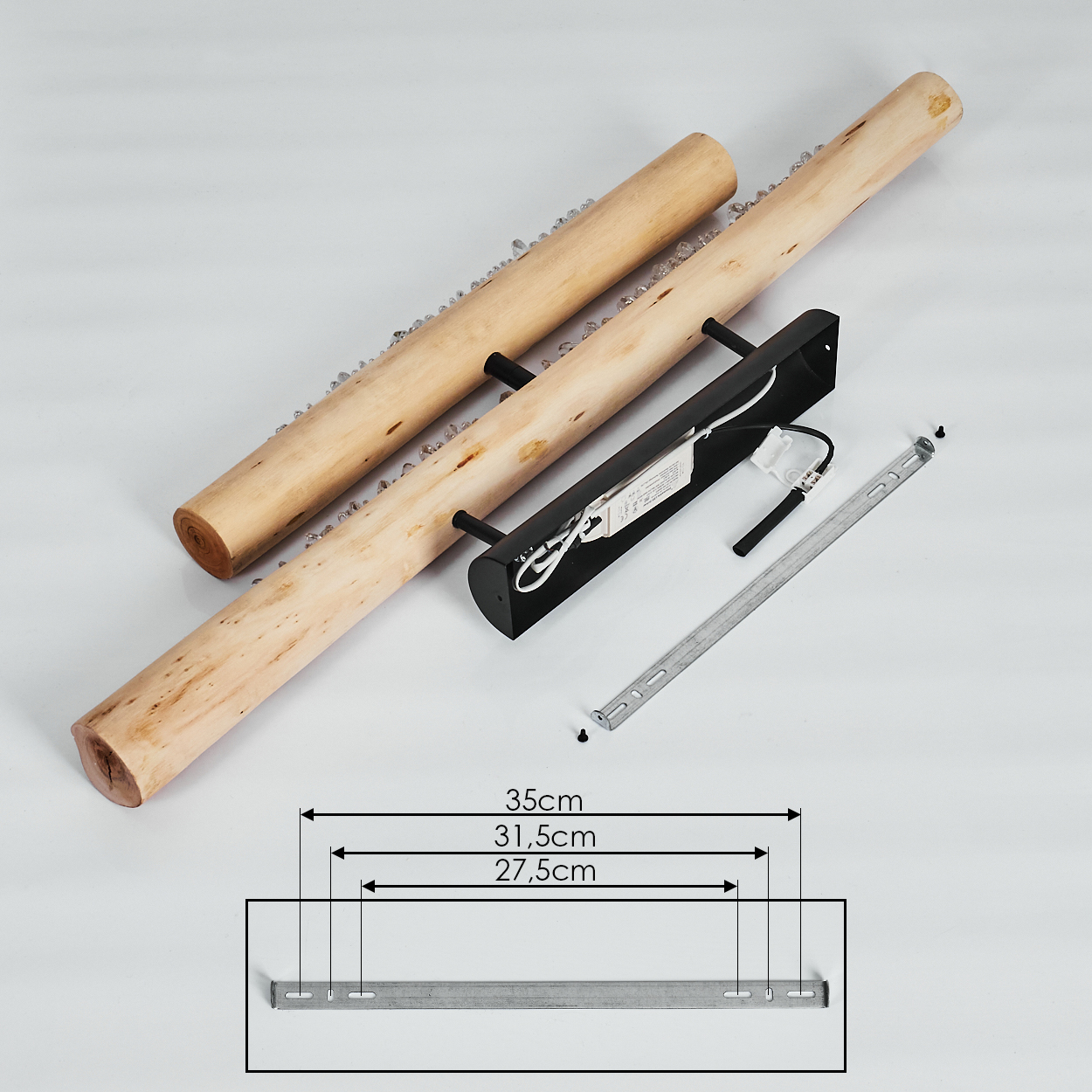 Holzbalken mit Kristallen, eine schwarze rechteckige Leuchte, eine Metallhalterung und Maße auf weißem Hintergrund.