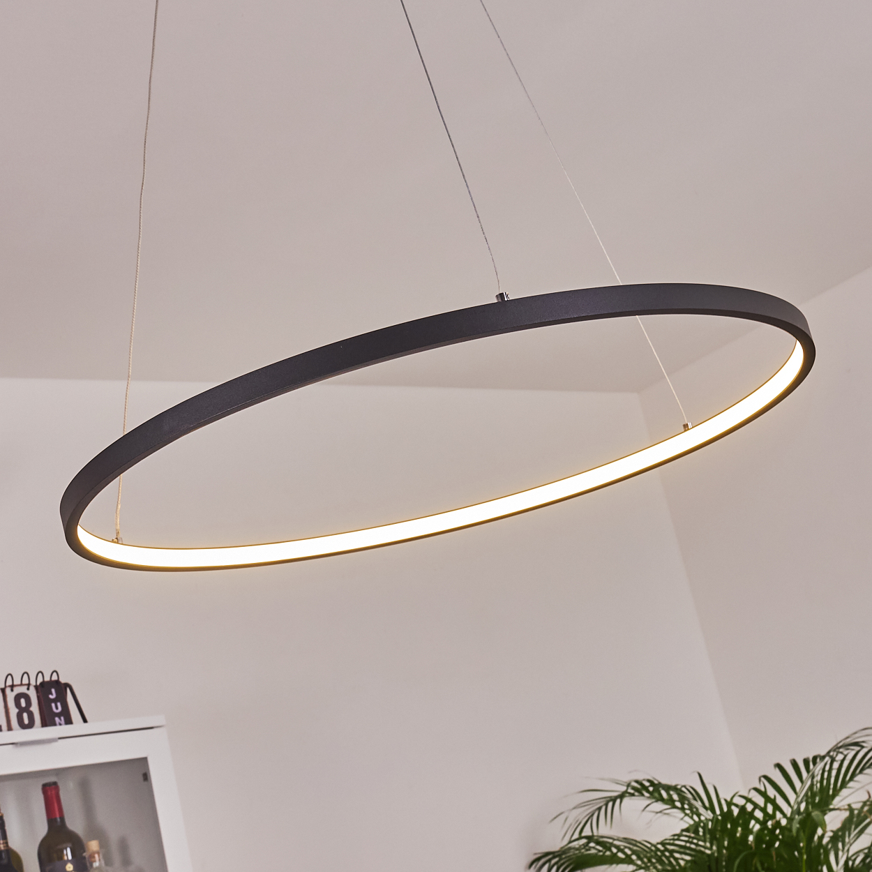 Eine moderne, schwarze, kreisförmige LED-Leuchte hängt von der Decke. Ein Kalender und eine Pflanze sind unten zu sehen.
