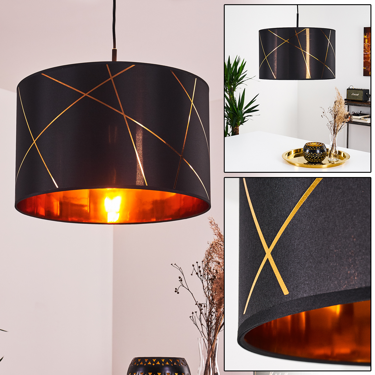 Schwarze und goldfarbene Hängelampe mit geometrischen Linien, die in einem Raum hängt. Die Lampe ist beleuchtet, der Hintergrund ist unscharf.
