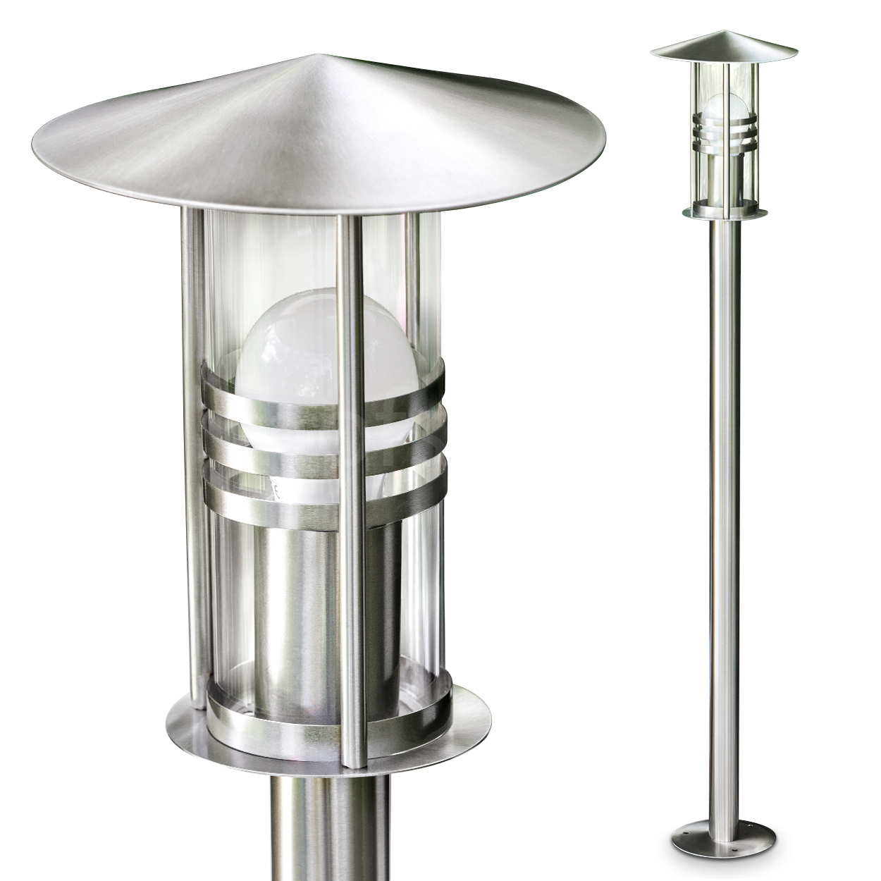 Eine Außenlampe aus Edelstahl mit konischem Schirm. Sie hat ein zylindrisches Glasgehäuse mit einer Glühbirne und steht auf einem Pfahl.