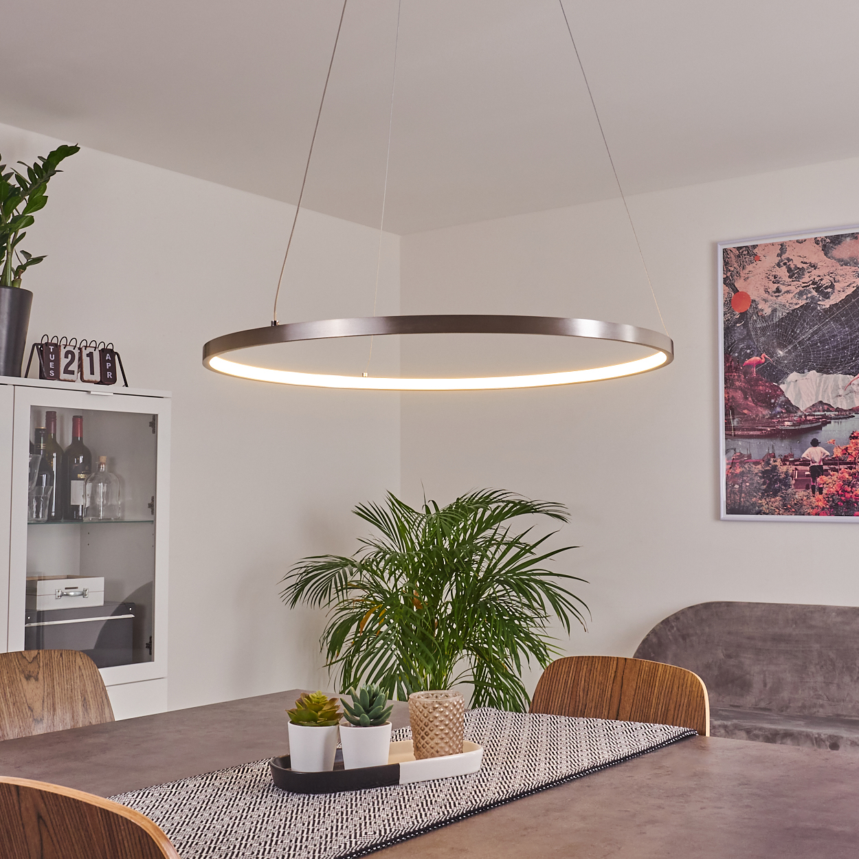 Ein modernes Esszimmer. Über einem Tisch hängt eine kreisförmige Leuchte mit Dekoration. Pflanzen, ein Schrank und ein Bilderrahmen sind ebenfalls vorhanden.