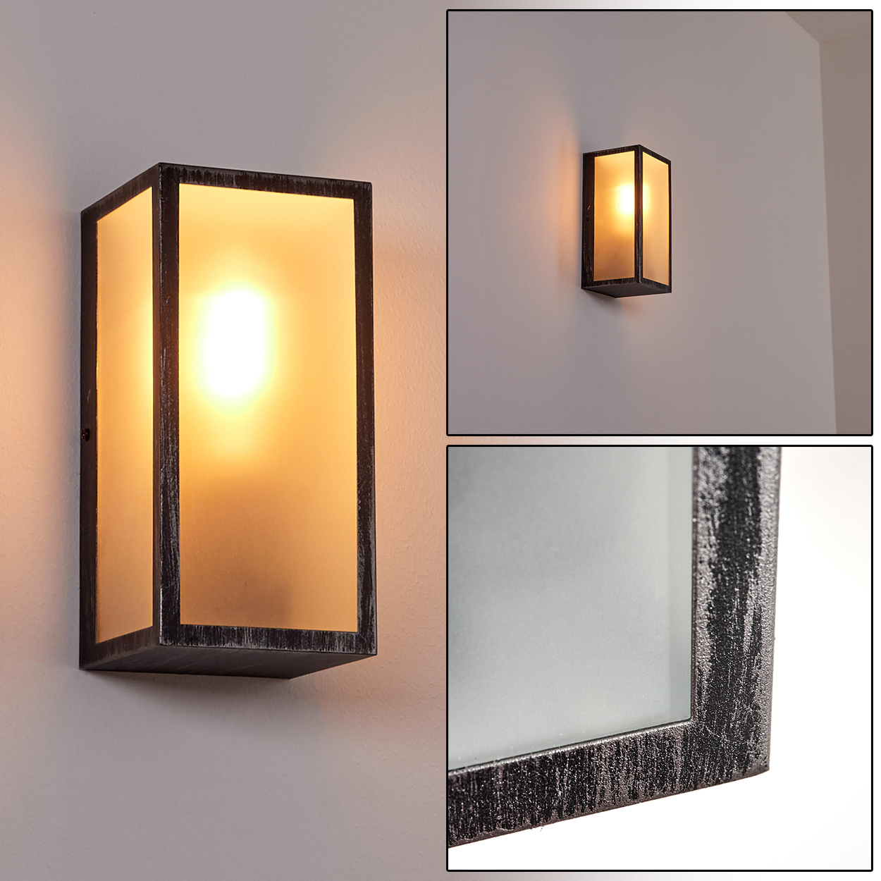 Eine rechteckige Wandlampe mit einer satinierten Glasfront und einem dunklen Metallrahmen. Drei Ansichten zeigen die Lampe an einer hellgrauen Wand.