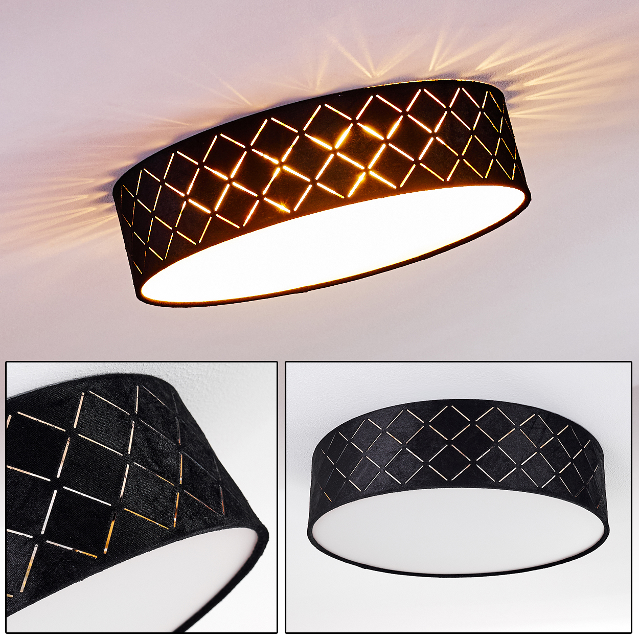 Eine schwarze Deckenlampe mit geometrischem Muster. Licht scheint durch die Aussparungen und beleuchtet die weiße Decke. Die Lampe ist kreisförmig.