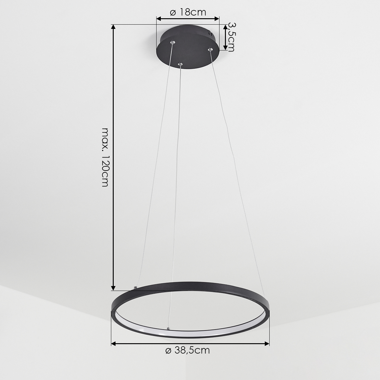 Schwarze kreisförmige Pendelleuchte mit Bemaßungen. Durchmesser des oberen Teils 18 cm, des unteren Teils 38,5 cm. Max. Länge 120 cm.
