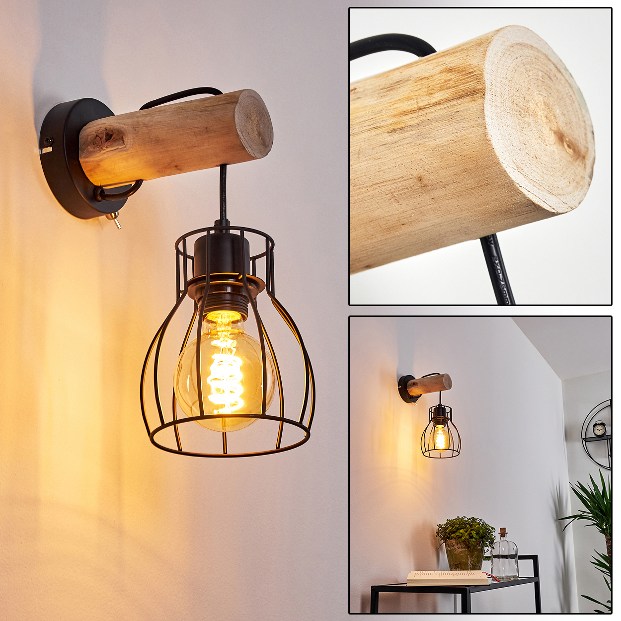 Eine Wandlampe mit Holzbalken und einem schwarzen Metallkäfig um eine Glühbirne, montiert an einer weißen Wand.