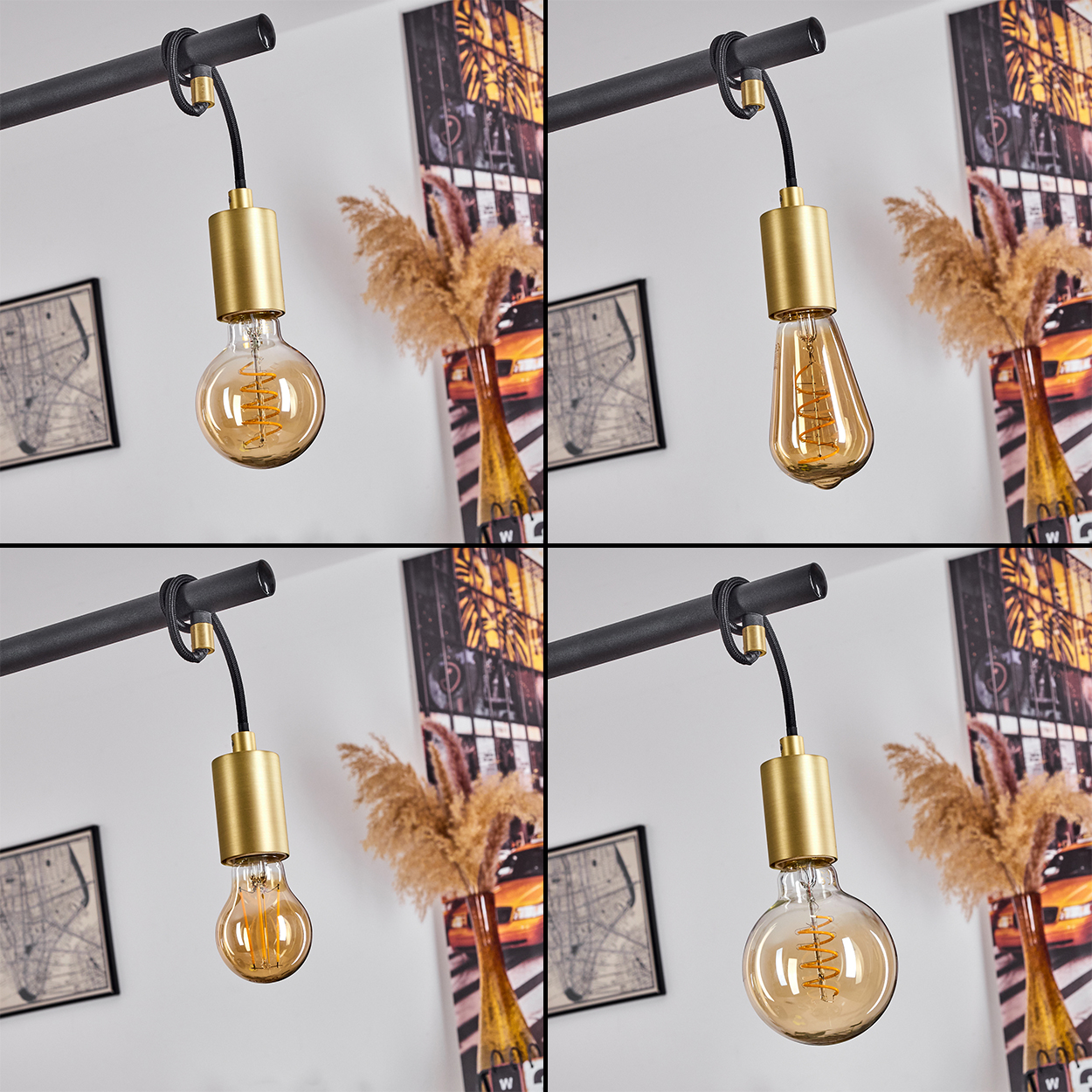 Vier Bilder von Pendelleuchten mit unterschiedlichen Glühbirnenformen. Jede Leuchte hat einen goldenen Zylinder und ein schwarzes Kabel.