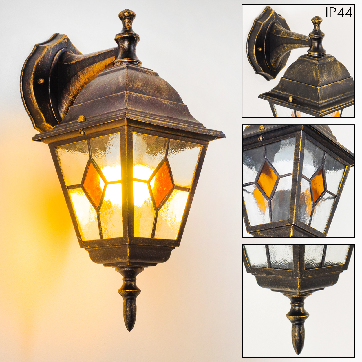 Eine dekorative Außenwandleuchte mit einem Buntglasschirm. Sie hat eine Bronzefinish mit orangefarbenen Rauten im Glas.
