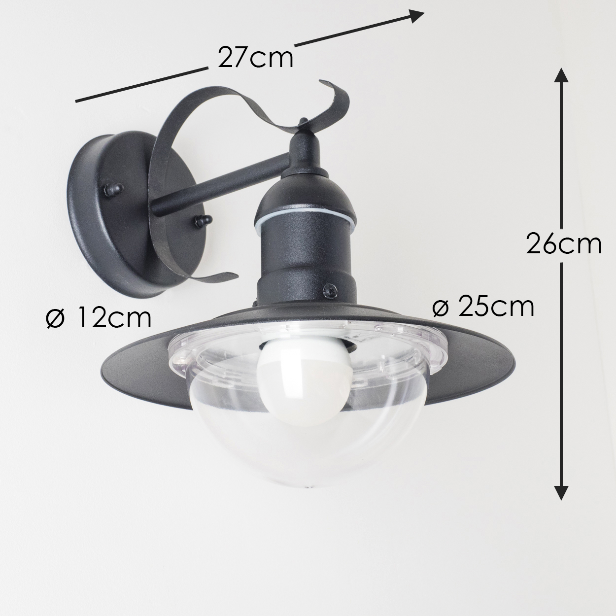 Eine schwarze Außenwandleuchte ist an einer weißen Wand montiert. Abmessungen sind beschriftet: 27cm, 26cm, Ø 25cm und Ø 12cm.