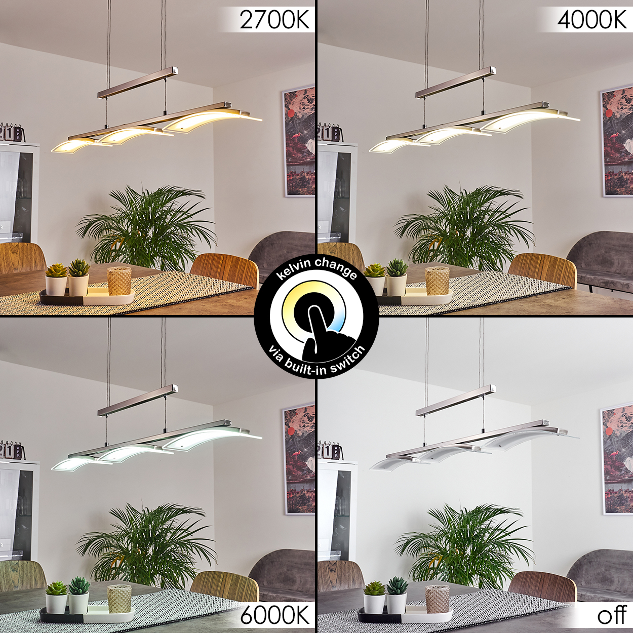Das Bild zeigt ein Esszimmer mit einer modernen Leuchte. Das Licht kann auf verschiedene Farbtemperaturen umgeschaltet werden. Vier verschiedene Lichteinstellungen.