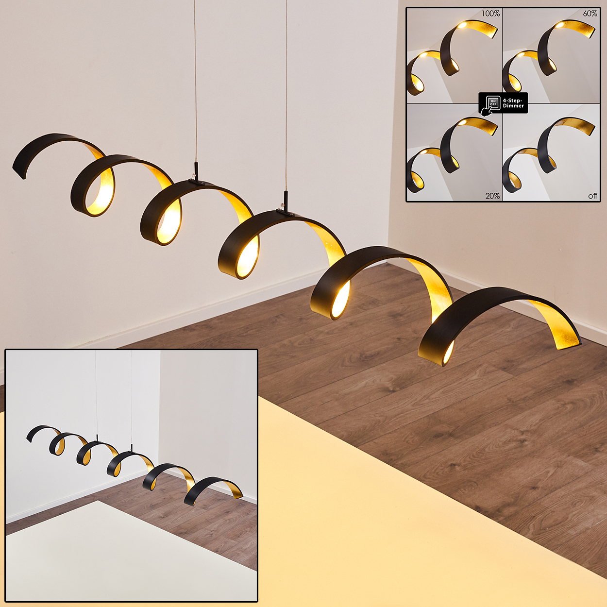 Eine moderne, schwarz-goldene Spiral-Pendelleuchte. Sie hat vier Lichteinstellungen: 100 %, 60 %, 20 % und aus. In einem Raum mit Holzboden.