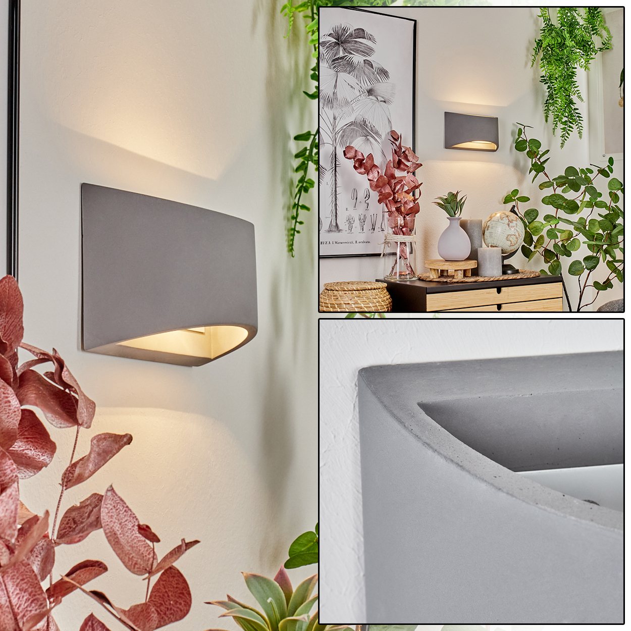 Graue Wandleuchte mit warmem Licht, umgeben von Pflanzen und einem botanischen Druck in einem gemütlichen Interieur.