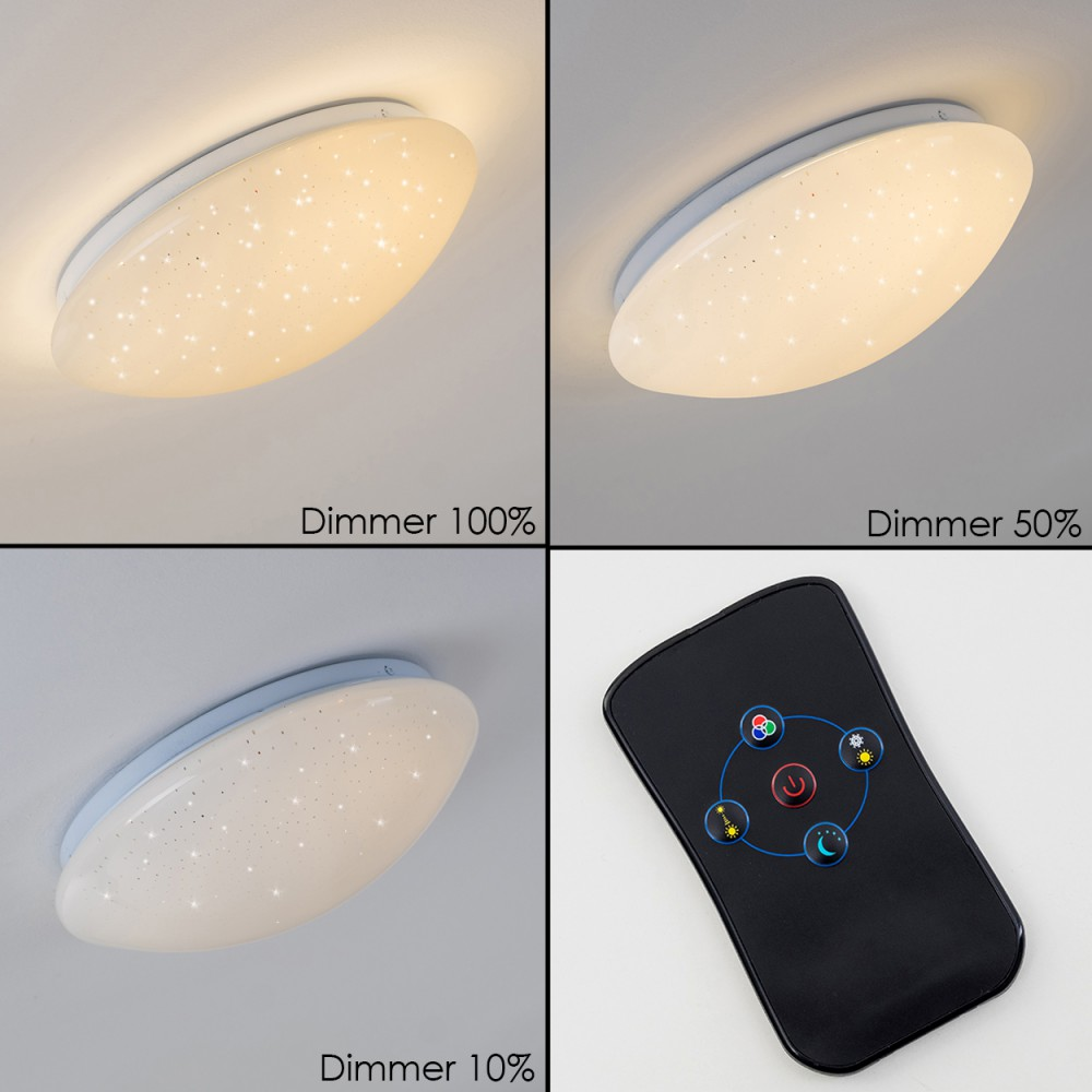 Vier Bilder zeigen eine Deckenleuchte mit unterschiedlichen Dimmstufen und eine Fernbedienung. Die Leuchte ist oval mit Sternenmuster.