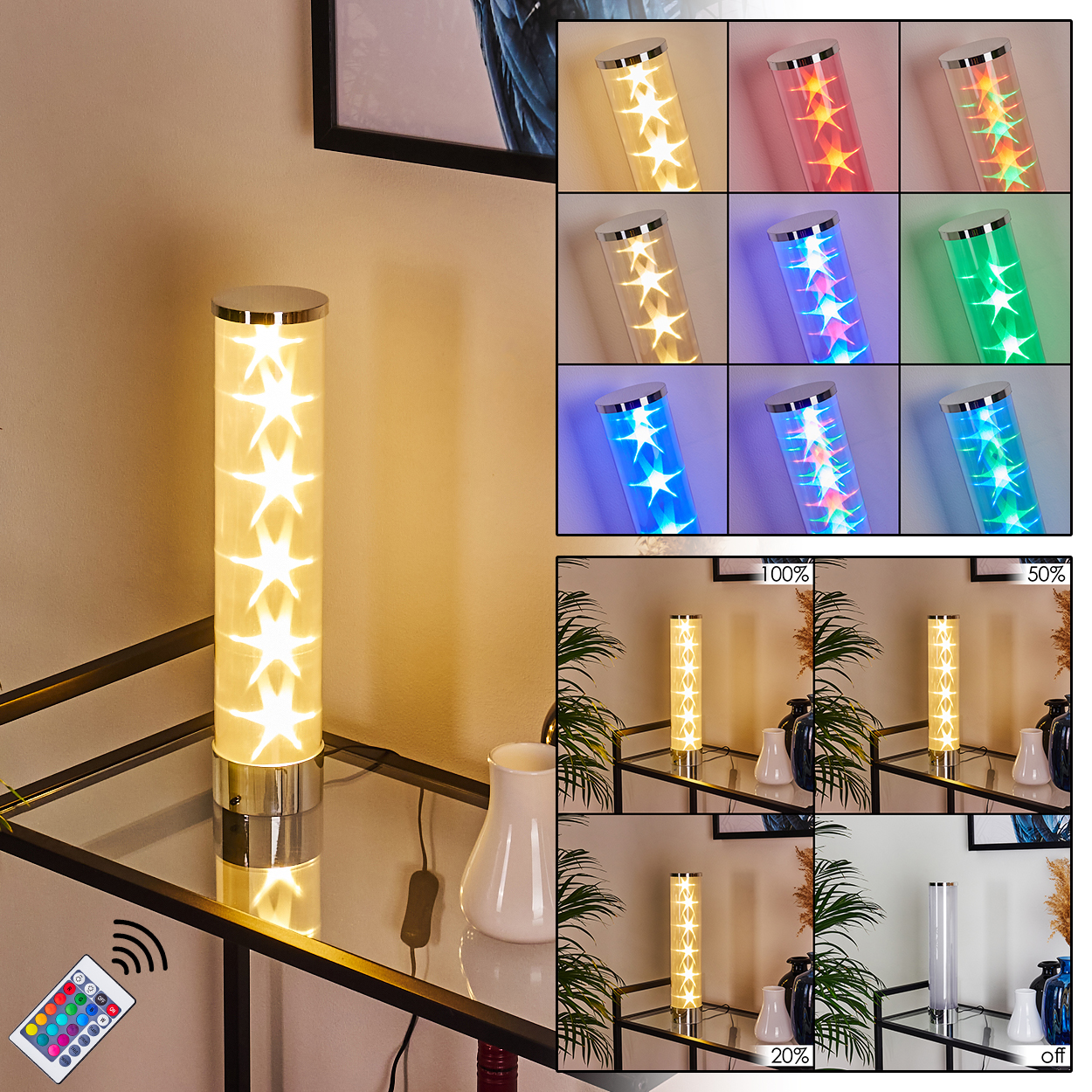 Eine hohe Lampe mit sternförmigen Lichtern. Sie hat verschiedene Lichteinstellungen. Eine Fernbedienung befindet sich links.