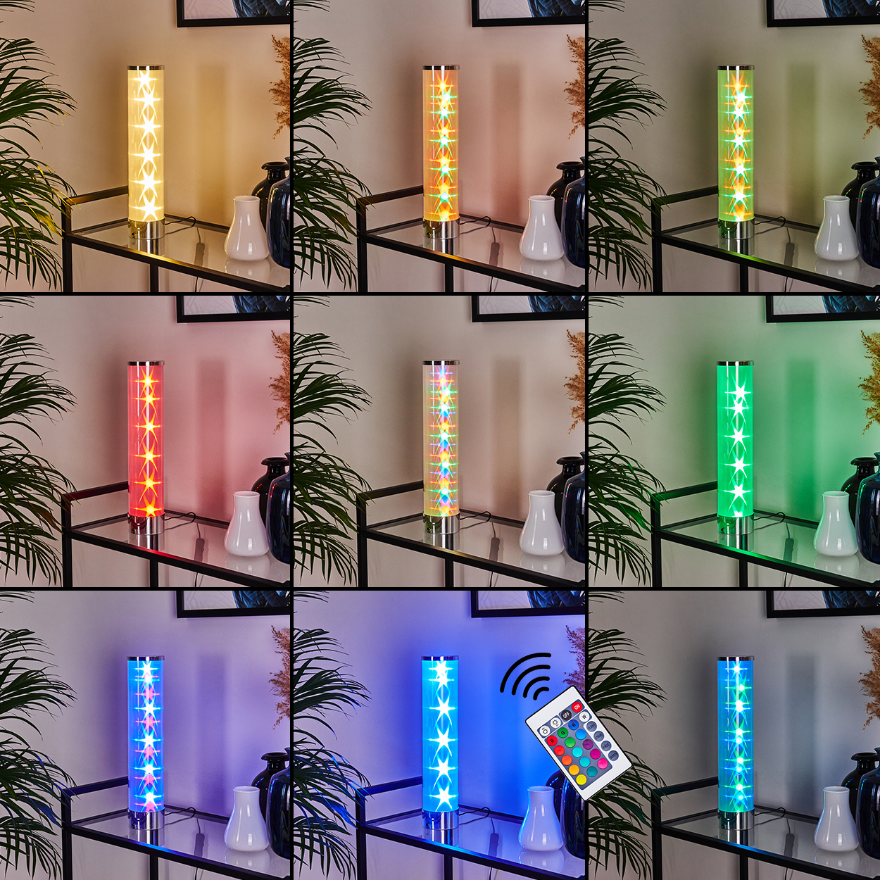 Neun Bilder zeigen eine farbwechselnde Lampe. Eine Fernbedienung ist in einem Bild. Die Lampe steht auf einem Glastisch, mit Pflanzen und Vasen.