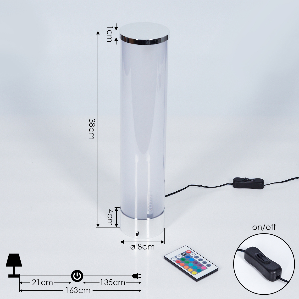 Eine hohe, zylindrische Lampe mit Abmessungen. Enthält Fernbedienung, Ein/Aus-Schalter und Netzkabel. Die Lampe hat einen weißen Sockel und Deckel.