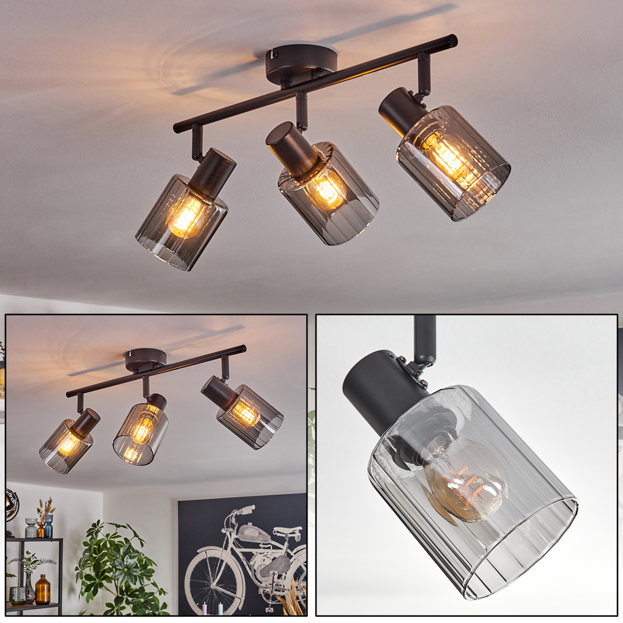 Eine Deckenstrahler-Leuchte mit drei Lichtern. Jedes Licht hat einen zylindrischen, gerippten Glasschirm und eine freiliegende Glühbirne.