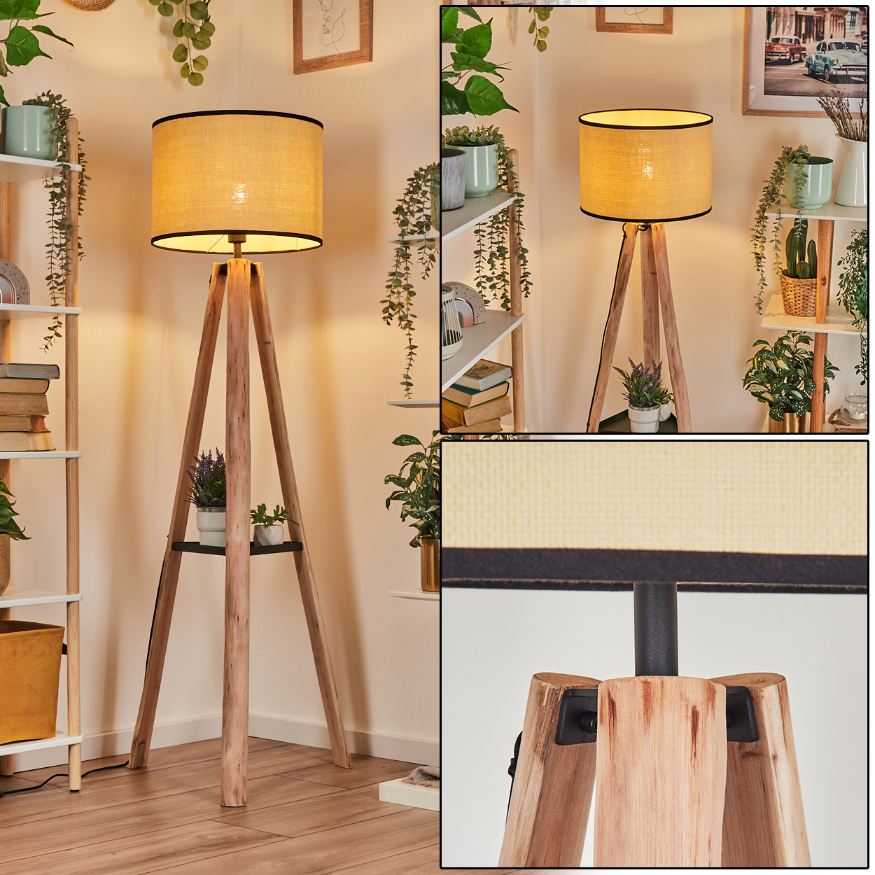 Eine hölzerne Stativ-Stehlampe mit beigefarbenem Lampenschirm. Regale mit Pflanzen und Büchern im Hintergrund.